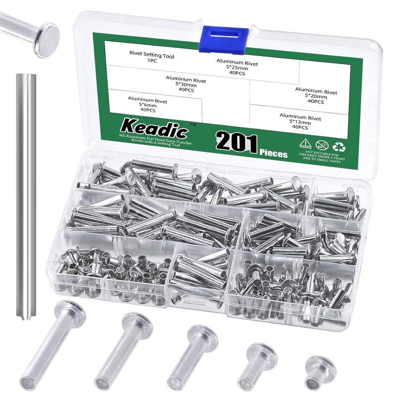 Keadic 201Pcs M5 Aluminum Flat Head Semi-Tubular Rivets Assortment Set, M5 x 6/12/20/25/30mm Silver Tone Metal Stud Fasteners for Leather Household Automobile Industry - Image 1